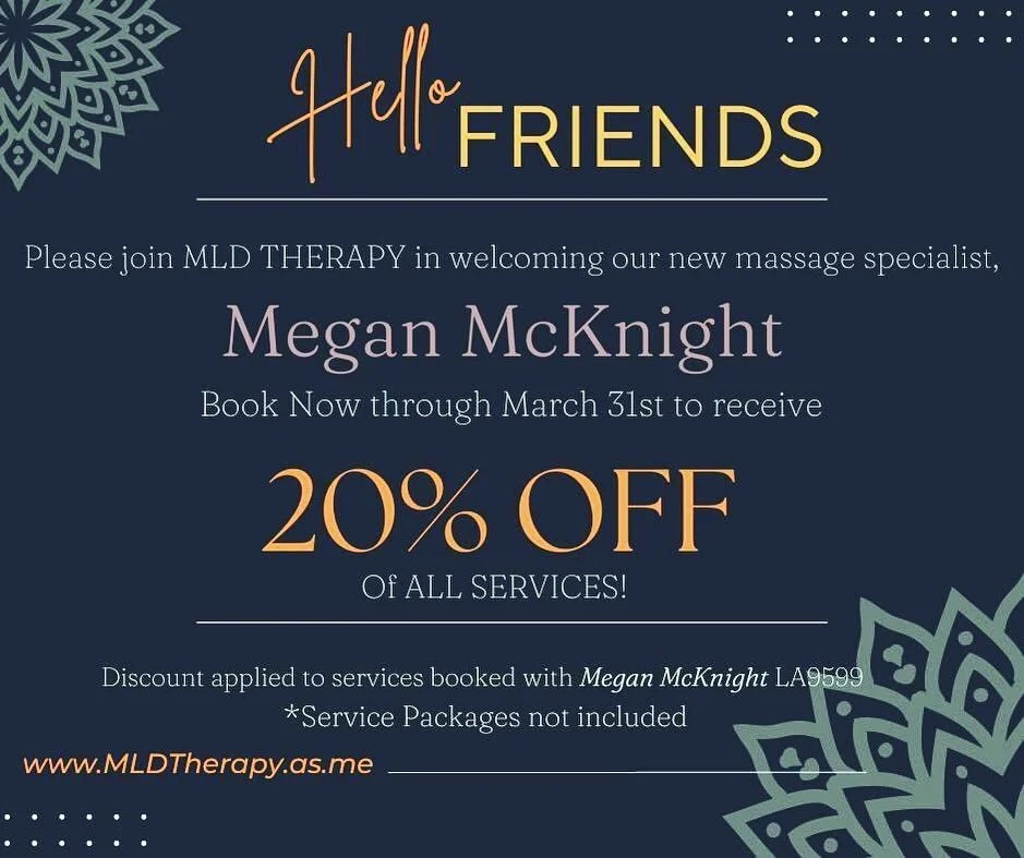 Hey Yall! I am SO excited to announce that MLD THERAPY is expanding-- We have been diligently training Megan McKnight for the past few weeks and we are ready to fill her books. Book your appointments now for 20% off! Book and SHARE this post for an e