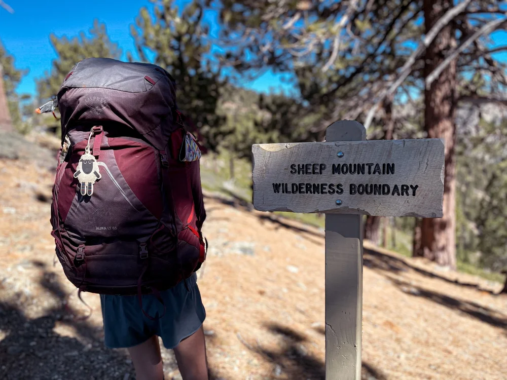 Back of hiker next to Pacific Crest Trail southbound sign