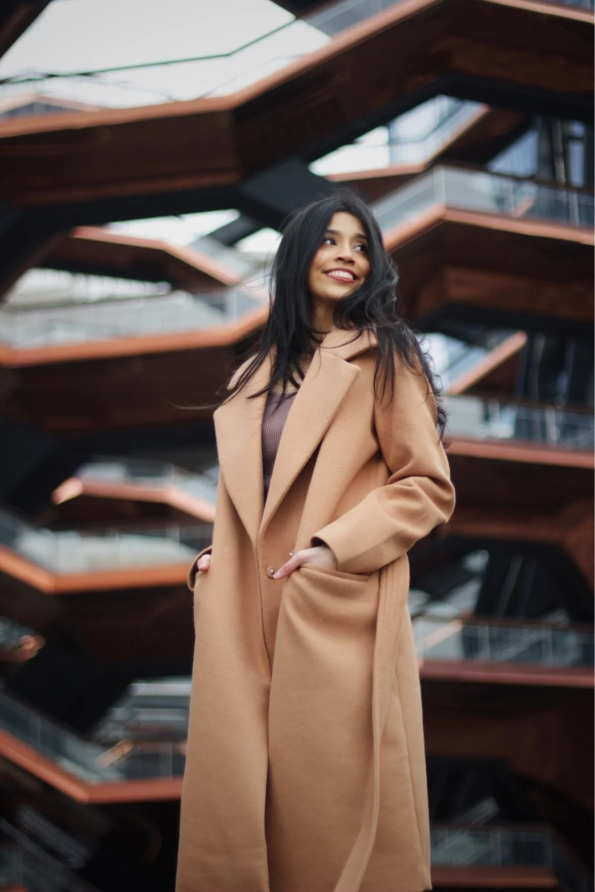 Camel coat minimalism outfit for capsule wardrobe