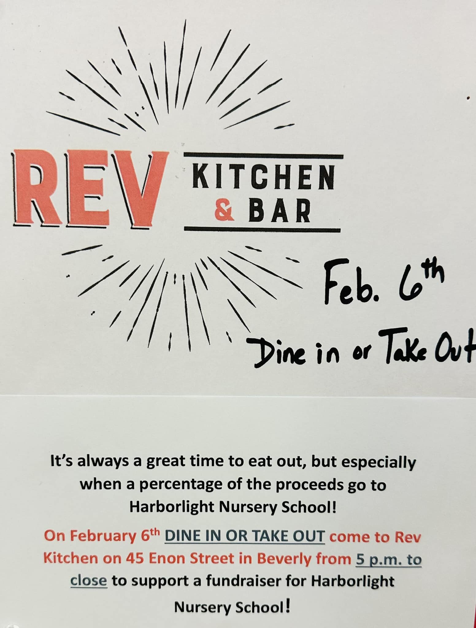 Come to Rev Kitchen tomorrow, Tuesday, February 6 to support our Harborlight Nursery School&rsquo;s fundraiser. Whether it&rsquo;s dine in or takeout we&rsquo;re making dinner easy.
Please share this post to spread the word to local friends and famil