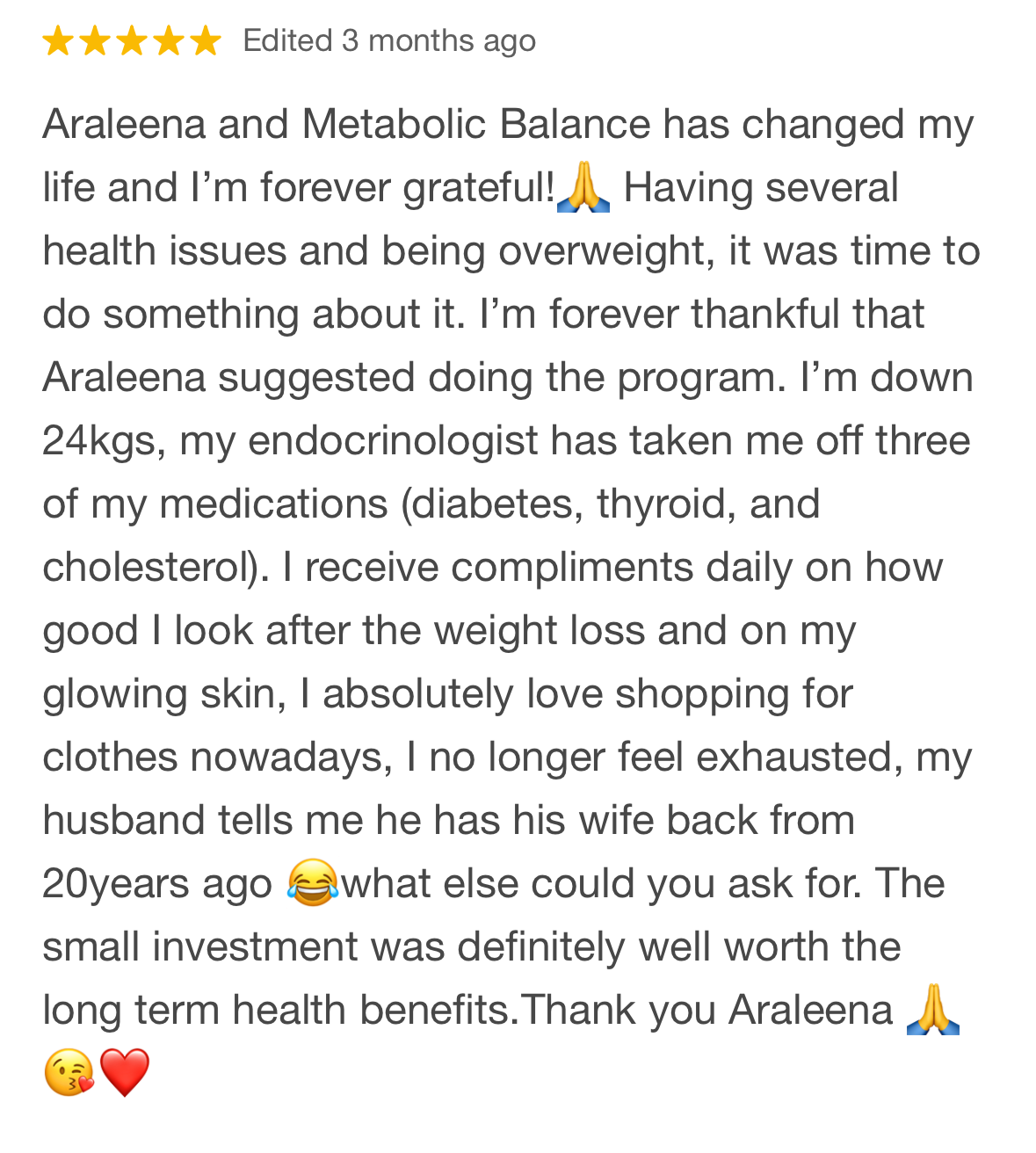 Customer review praising Araleena and Metabolic Balance, mentioning weight loss, health improvements, and gratitude.