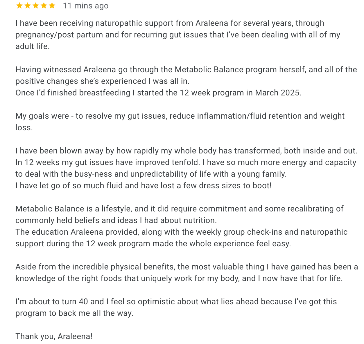 Customer review about naturopathic support and Metabolic Balance program, highlighting physical and lifestyle improvements.