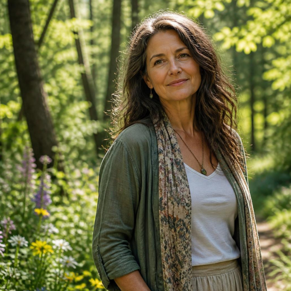 A woman standing outdoors in a green, sunlit forest with wildflowers around her, wearing a white top, a green jacket, and a patterned scarf.