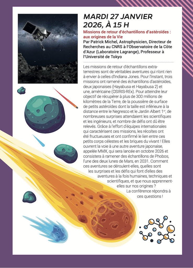 Mardi 27 janvier 2026 - Conférence : Missions de retour d'échantillons d'astéroïdes : aux origines de la vie