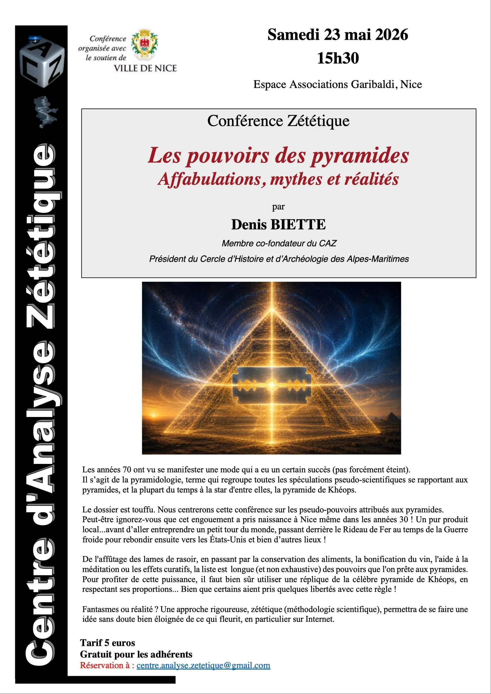 Samedi 23 mai 2026 - Conférence : La croyance aux pouvoirs des pyramides, une mode née à Nice 