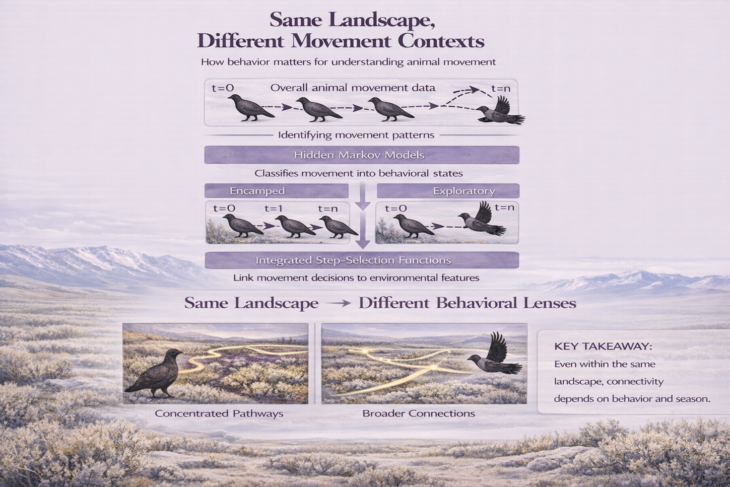 Infographic showing how animal movement behaviour alters functional connectivity across the same landscape and seasons