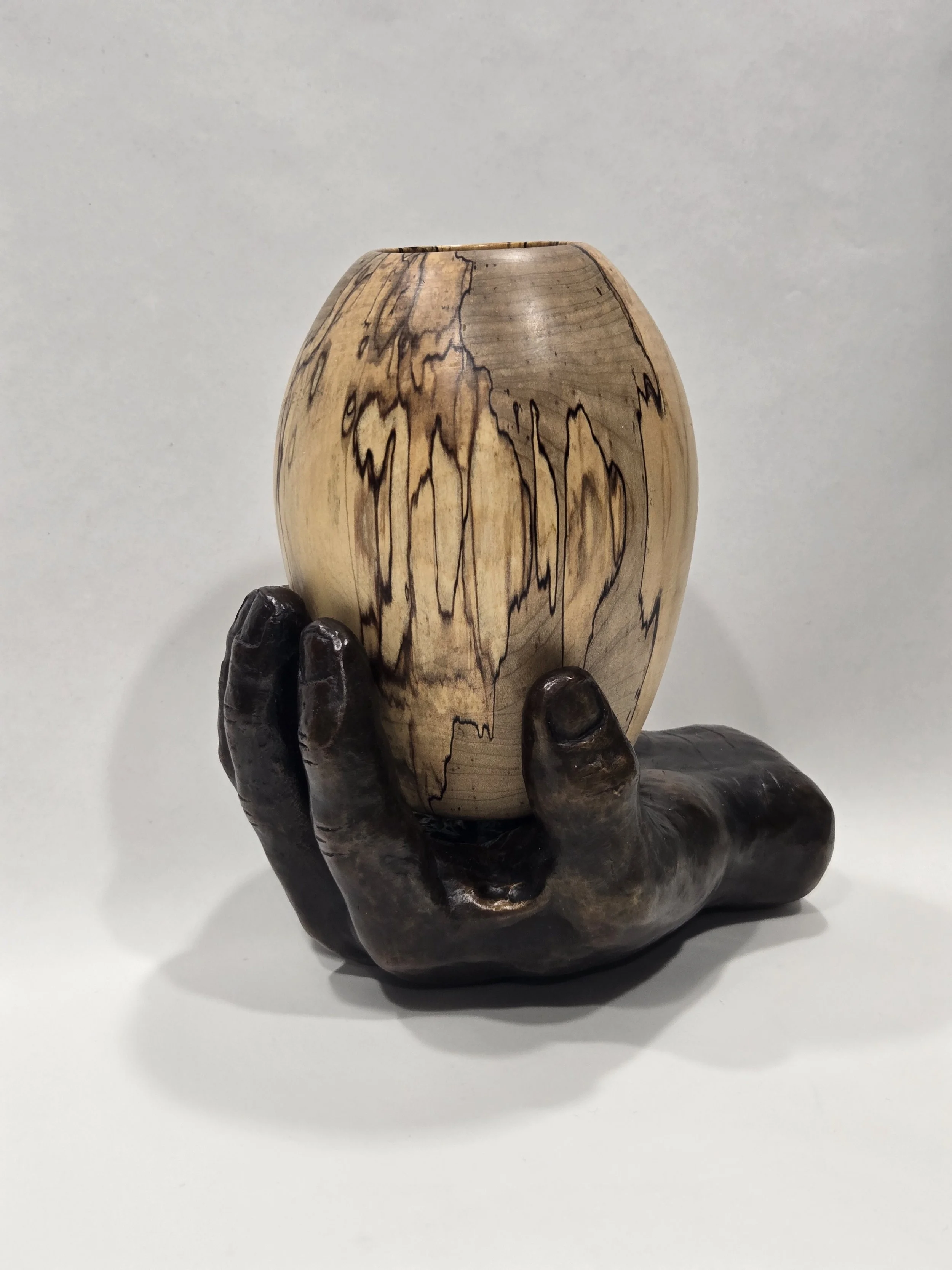 The Vase with spalted maple vase by Steve Lobel, Bronze, 7 x 7.25 x 5