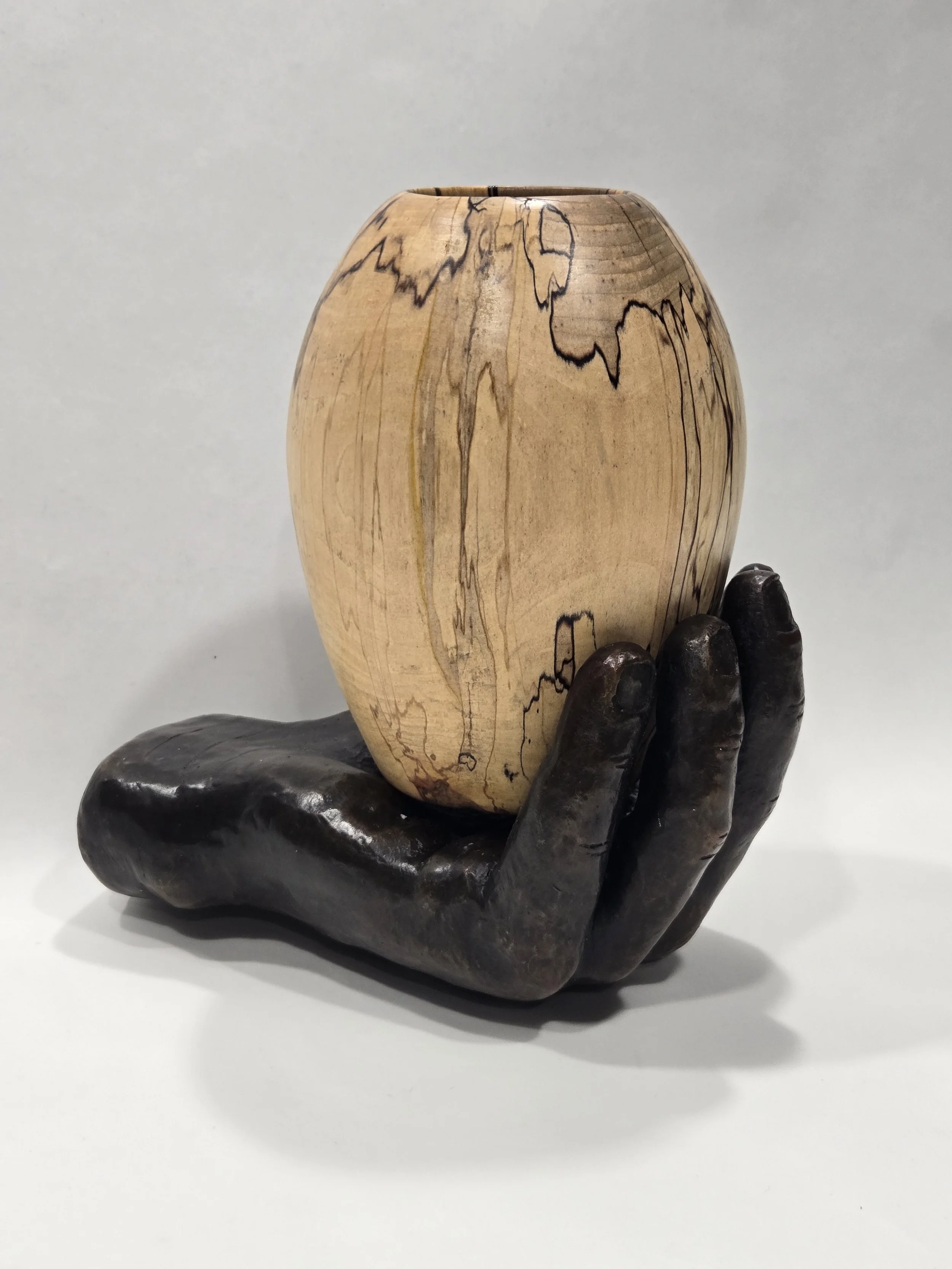 The Vase with spalted maple vase by Steve Lobel, Bronze, 7 x 7.25 x 5