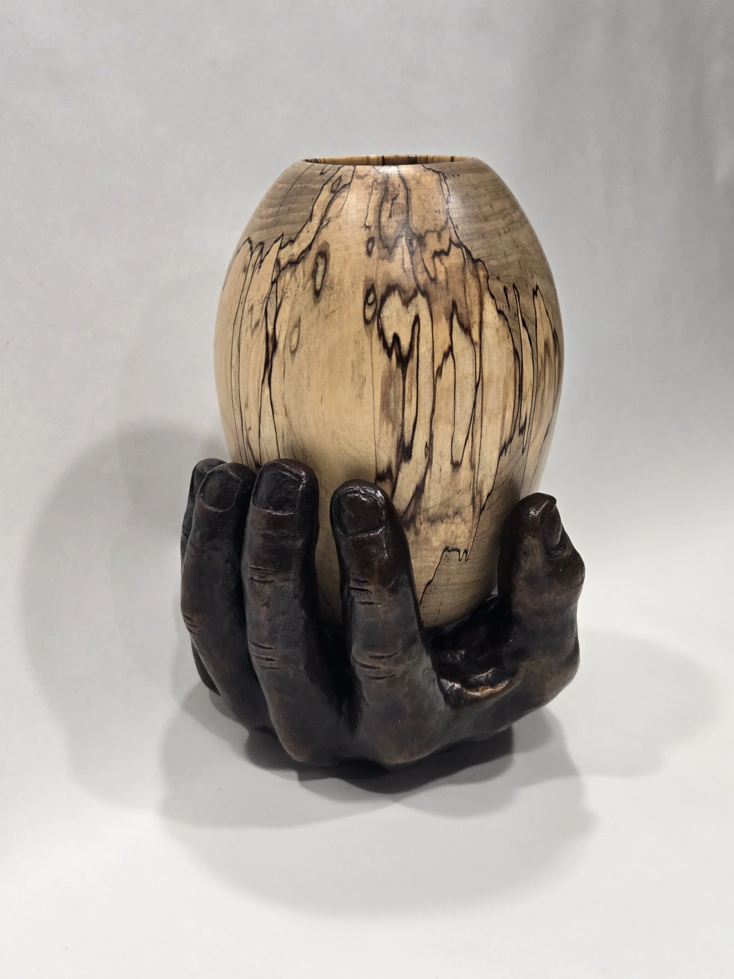 The Vase with spalted maple vase by Steve Lobel, Bronze, 7 x 7.25 x 5