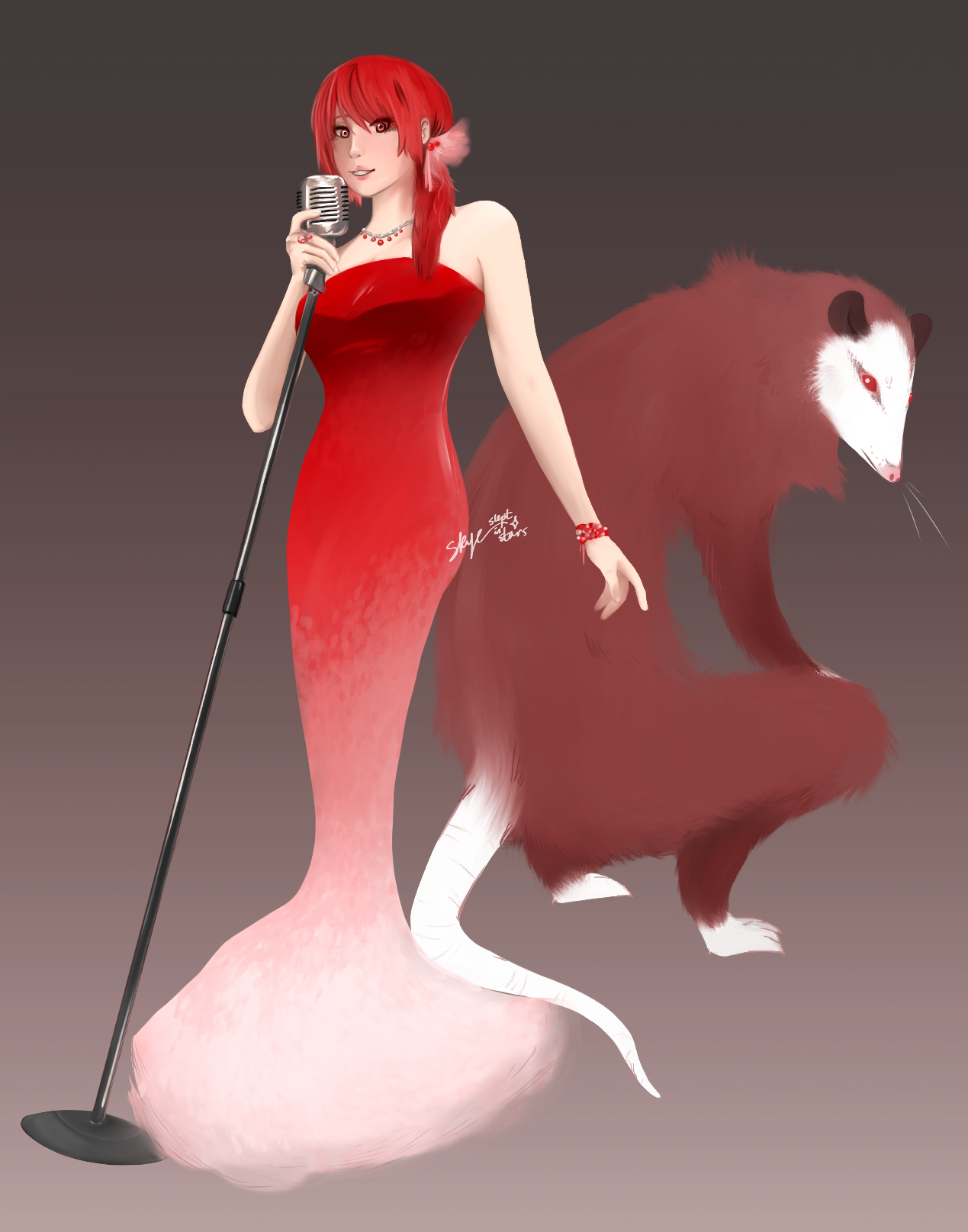 A digital illustration of a woman with red hair in a red dress, holding a vintage microphone, with a large rat behind her. The rat has a white face and paws, brown fur, and a long white tail.