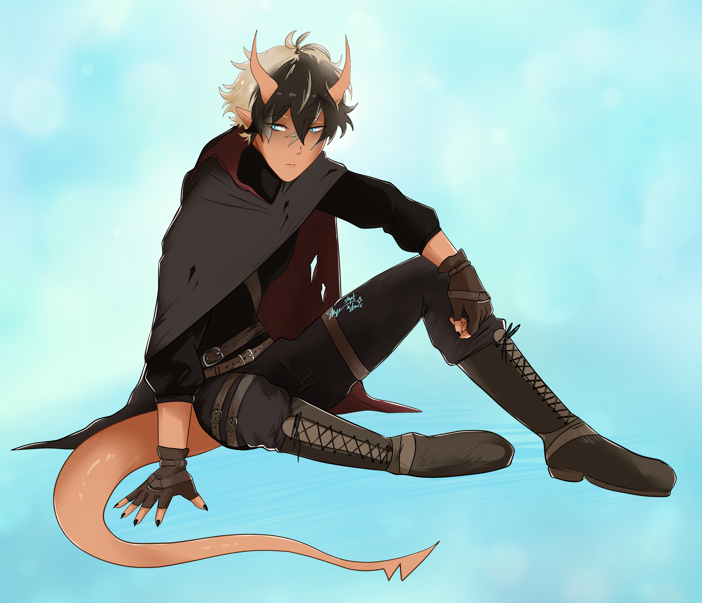 The character has black hair with white streaks, blue eyes, and is dressed in dark clothing with a cape, wearing gloves and lace-up boots.