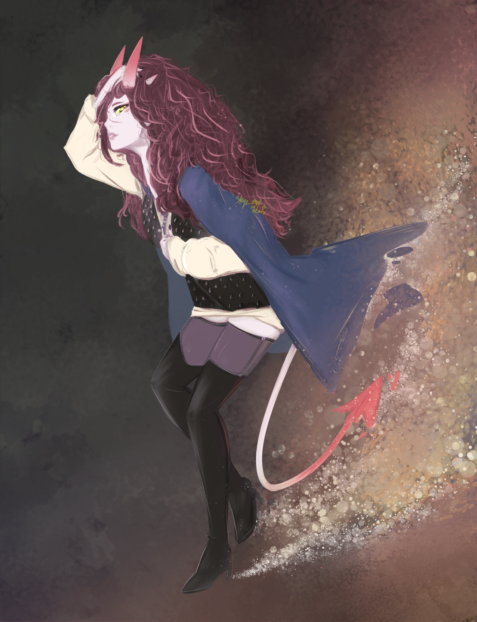 Digital illustration of a female demon character with purple hair, horns, a devil tail, dressed in a stylish outfit with thigh-high black boots, standing against a dark, textured background with sparkles.