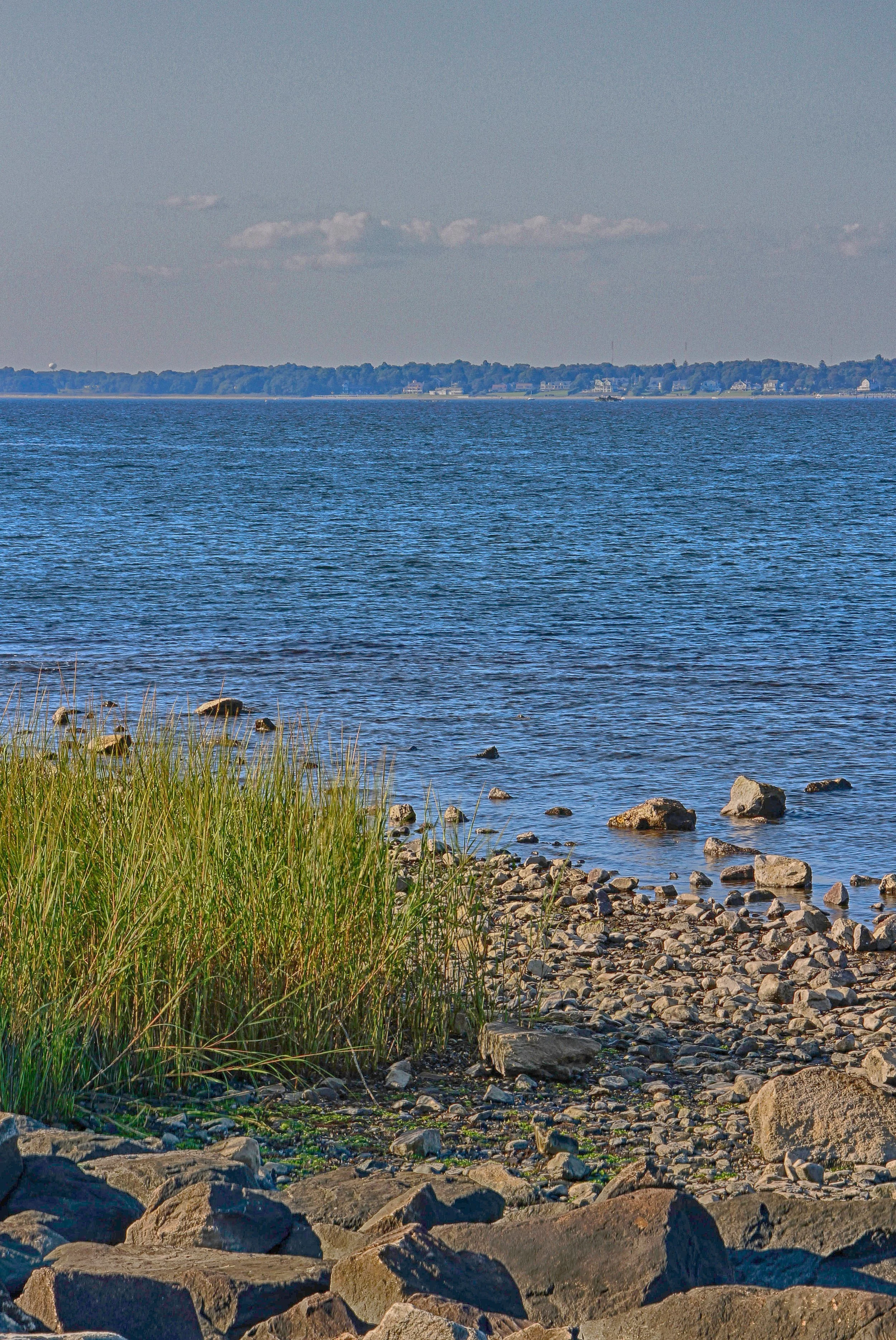 A rocky shoreline with green grass in the foreground, calm blue water in the middle, and a distant tree-covered landmass under a partly cloudy sky.