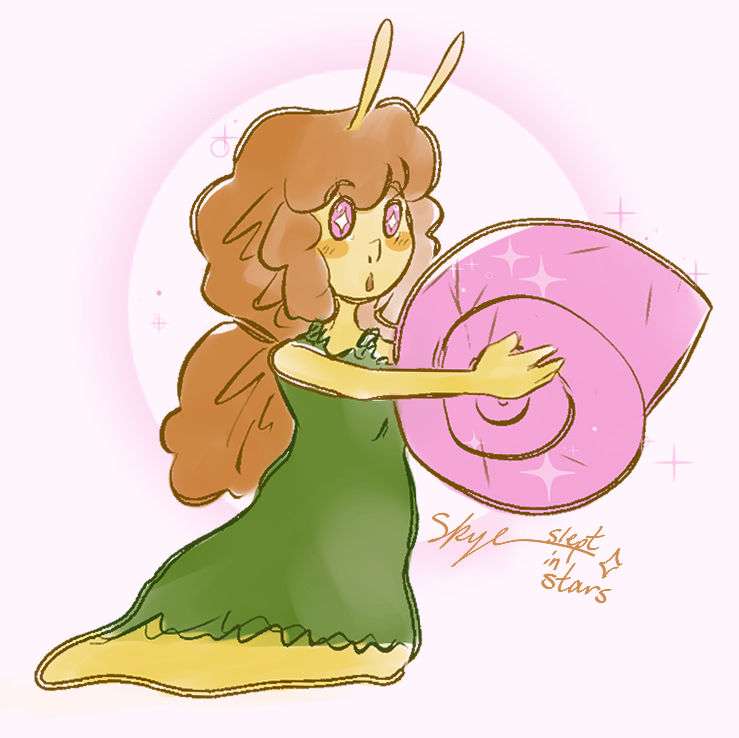 A cute cartoon girl with bunny ears, long brown hair, and pink star-shaped eyes, wearing a green dress, holding a pink shield with stars while standing on a pink background.