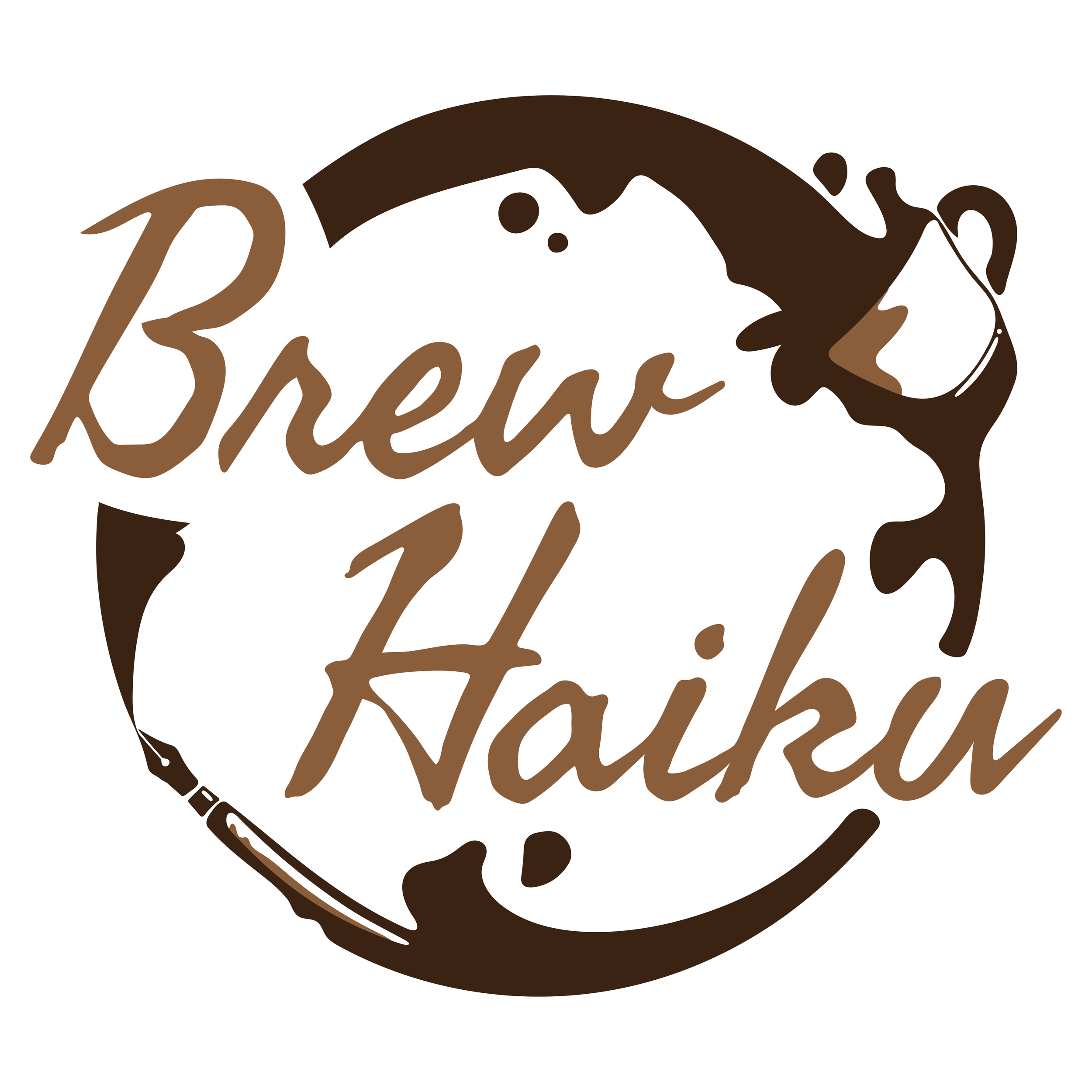Logo for Brew Hawaii featuring a coffee cup pouring coffee into a circle with the words "Brew Hawaii" in brown script.