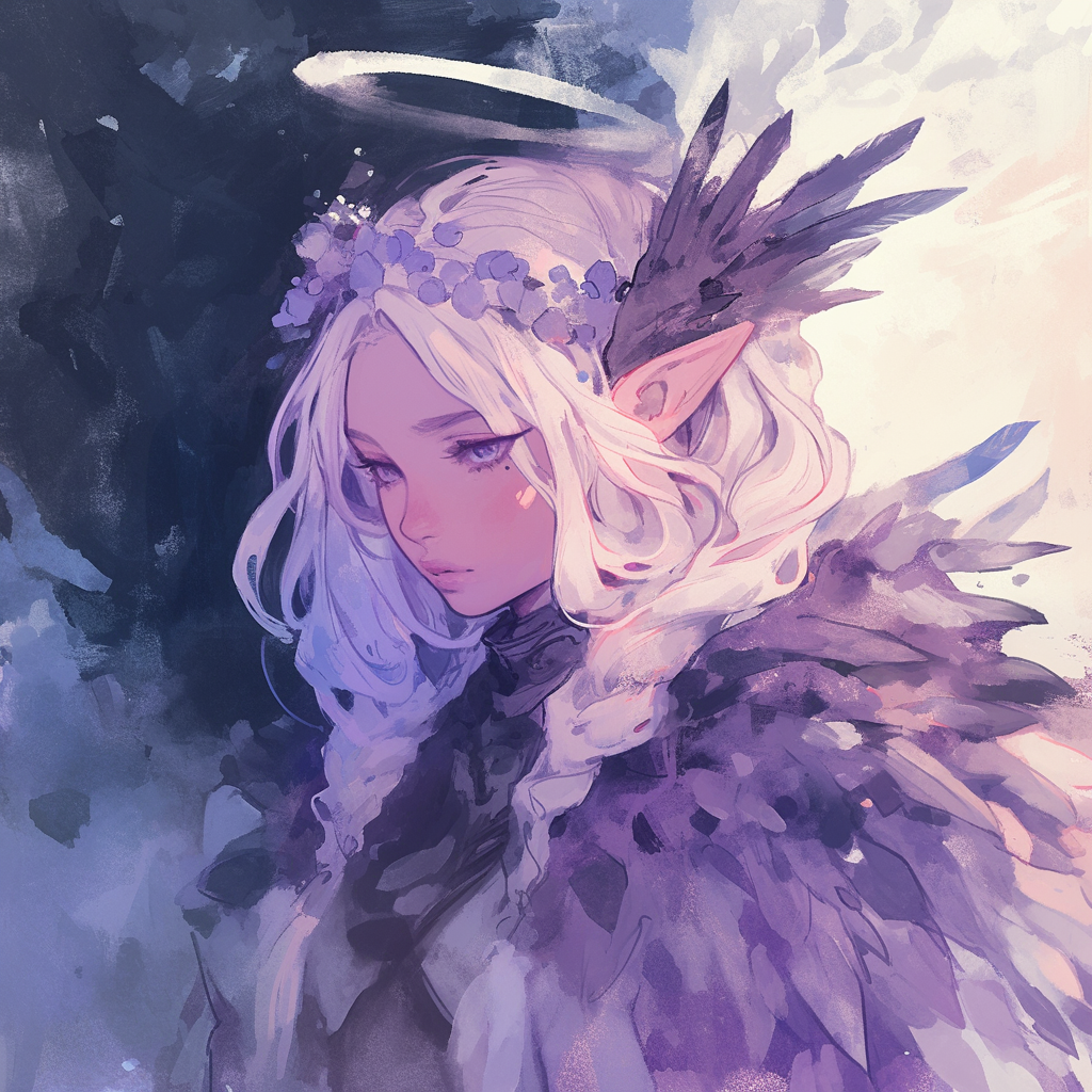 A fantasy digital painting of a female elf with long, flowing white hair adorned with purple flowers and a dark feathered headdress. She has pointed ears, violet eyes, and wears a dark high-collared outfit, surrounded by a mystical, purple-toned back