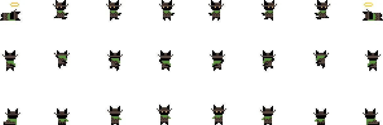 Multiple pixel art images of a black cat with green scarf, yellow halo, and tiny wings, facing in various directions, arranged in a grid pattern.