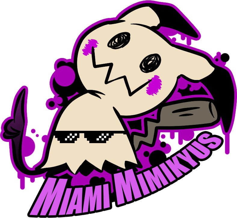 Cute cartoon character with a beige face, wearing pixelated sunglasses, purple earrings, and a black and purple outfit, standing against a purple and black splatter background with the text 'MIAMI MIMIKINS' in bold purple letters.