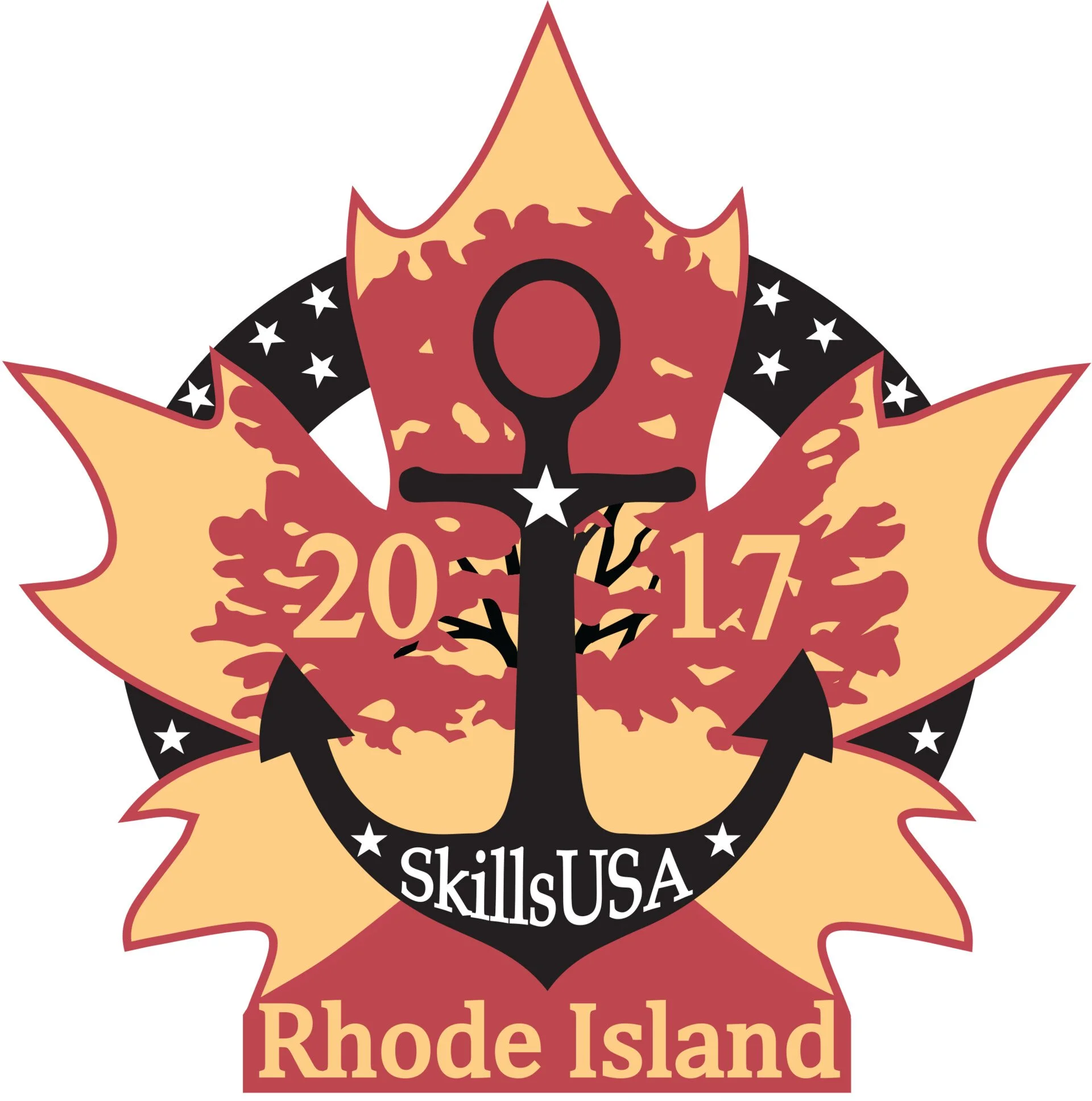 A logo featuring a large maple leaf with a nautical anchor in the center, surrounded by a circle of stars. The leaf has a red hue with a darker red background, and the anchor is black with the words 'Skills USA' and the year '2011-17' written on it. 