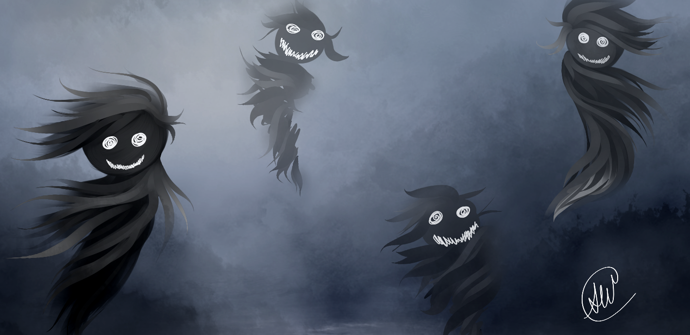 Four dark, ghostly, wispy creatures with smiling faces, swirling hair, and spiral eyes are floating in a foggy, moody gray sky.