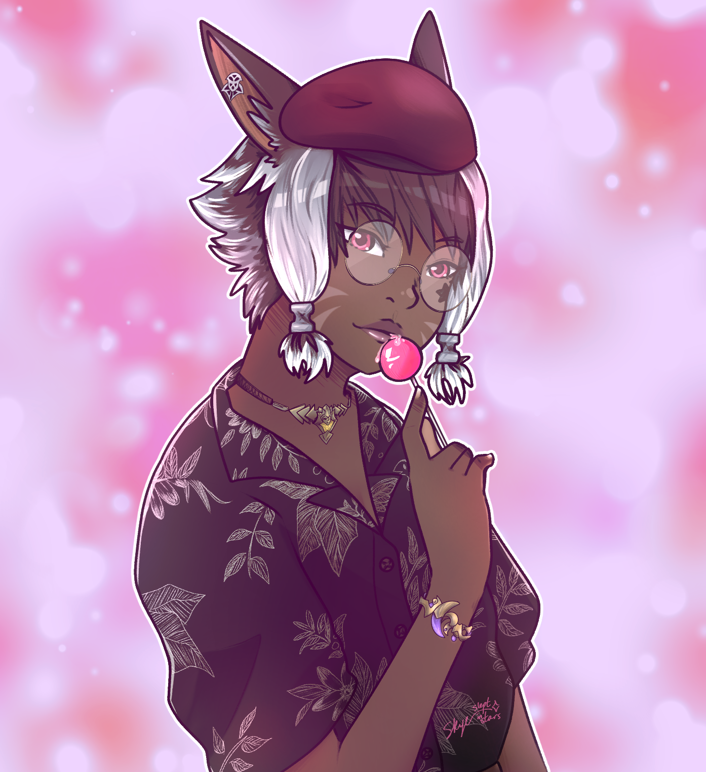 Digital illustration of an anthropomorphic character with wolf ears and white hair, wearing glasses, a patterned dark shirt, and holding a lollipop. The background is pink with bokeh effects.