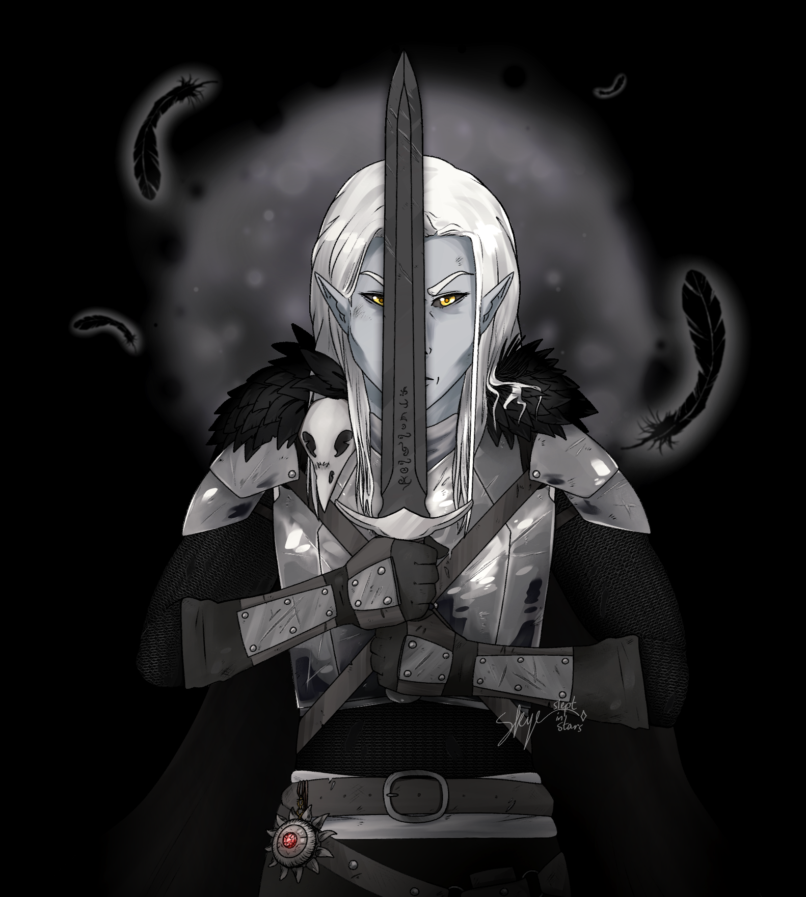 An elf warrior with long white hair and yellow eyes, wearing black armor with feathered shoulder pads, holds a large sword vertical in front of his face against a dark background with floating feathers and a moon.