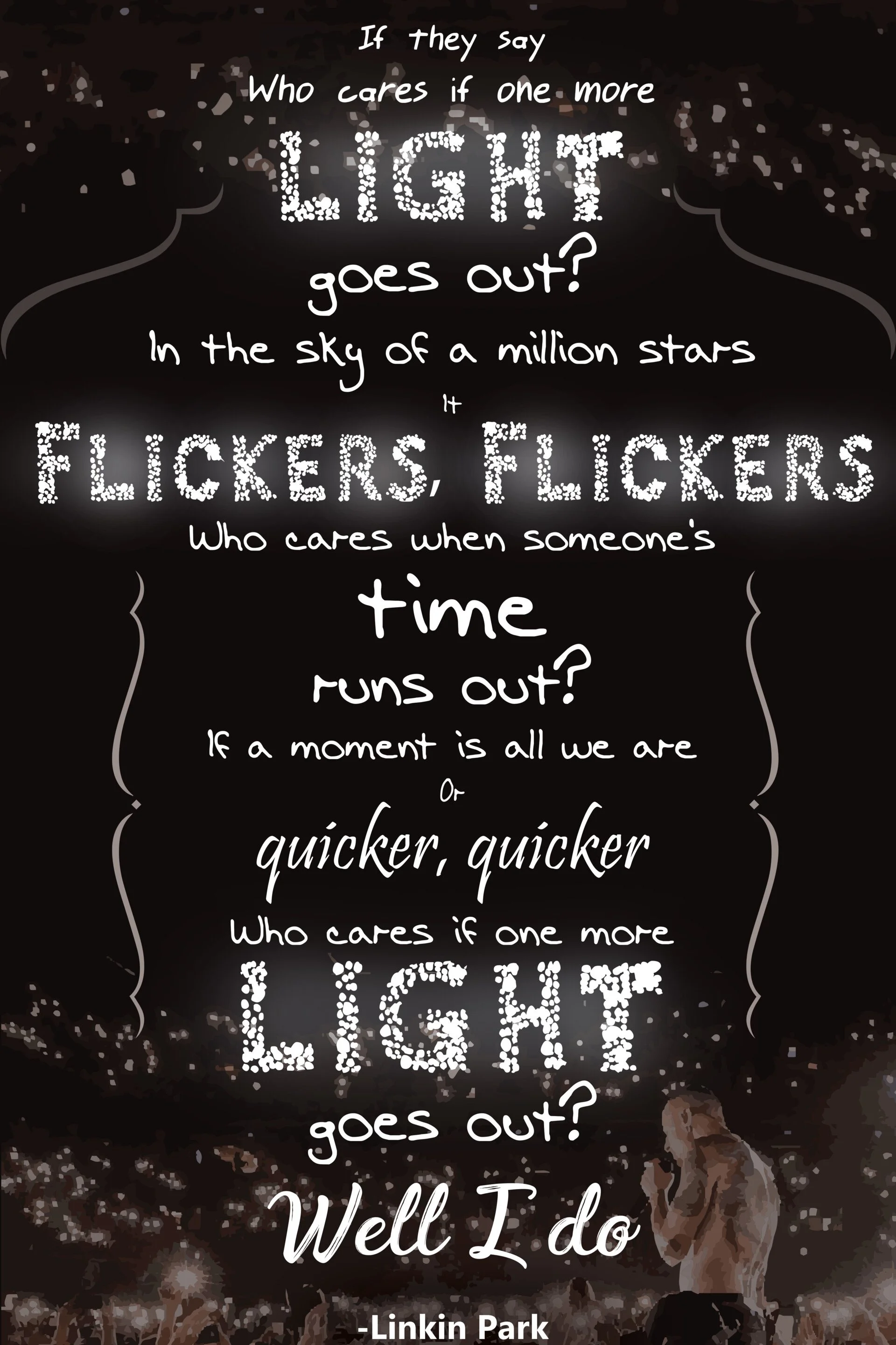 A quote from Linkin Park's song about light and flickers, with artistic background of a starry night and a person looking up at the sky, emphasizing the theme of fleeting moments and appreciation of light in darkness.