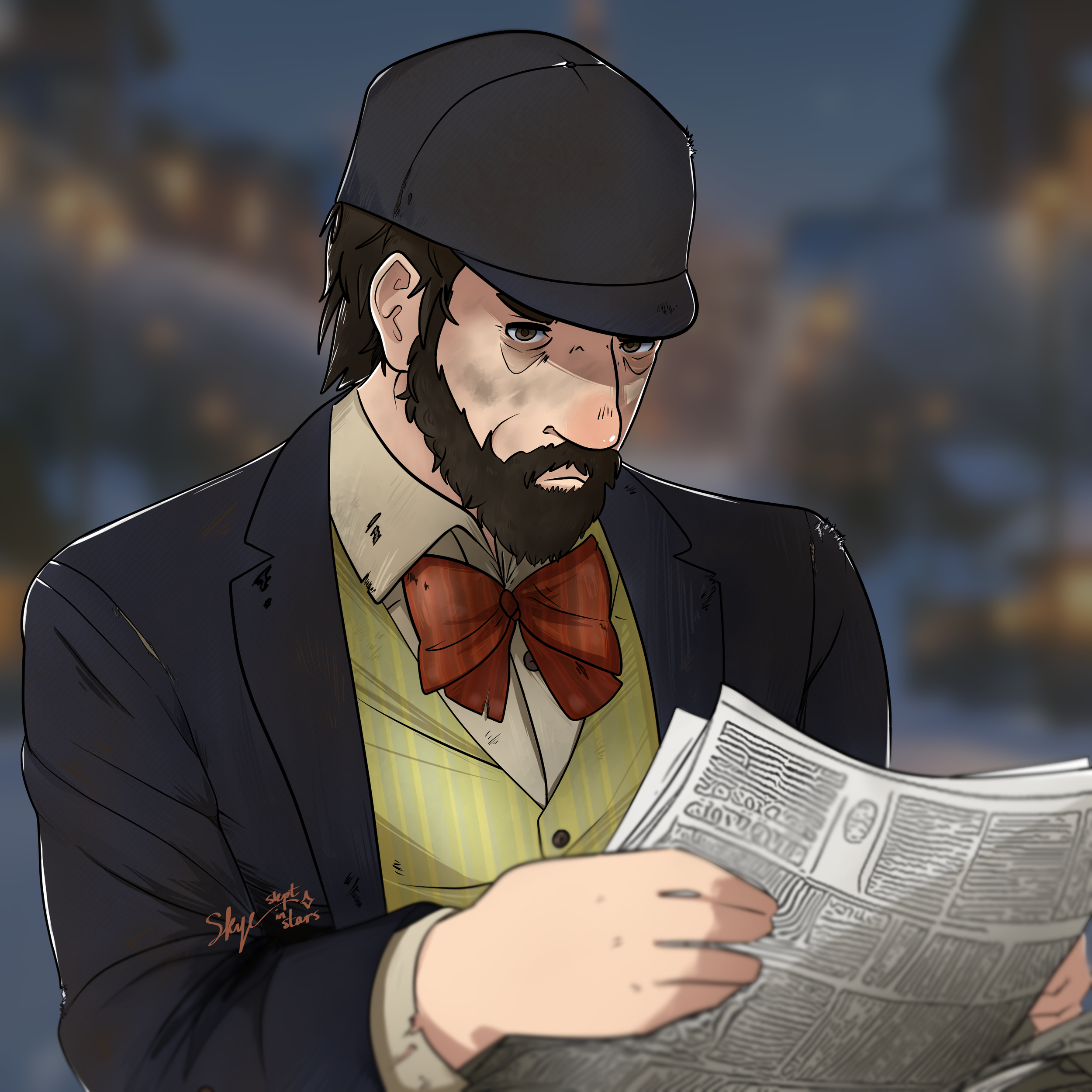 A cartoon man with a beard and hat, dressed in a suit and bow tie, reading a newspaper.
