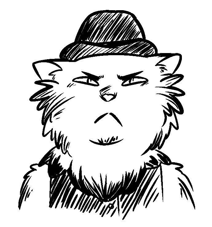 Black and white drawing of a grumpy cat wearing a fedora hat and a collared shirt.