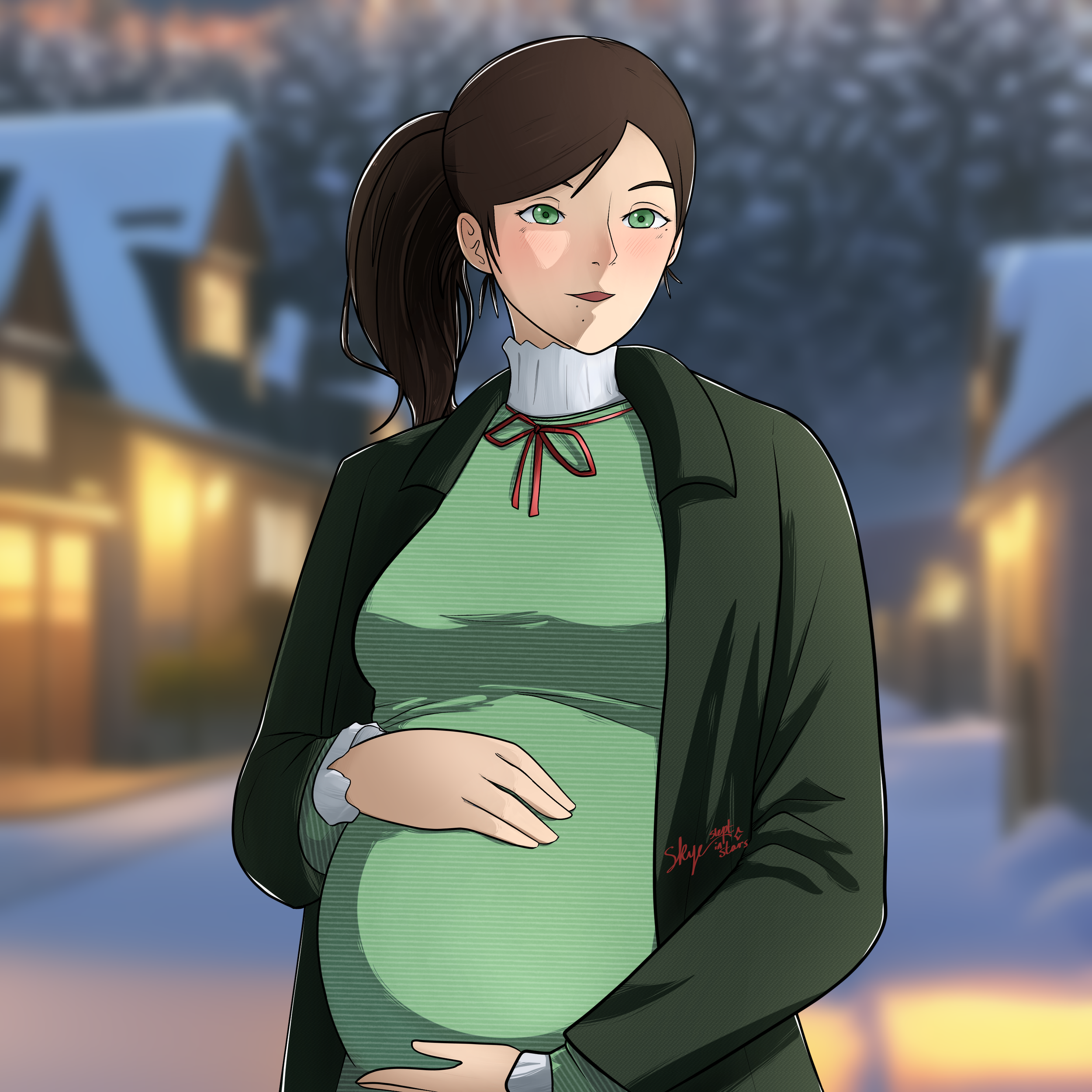 Illustration of a pregnant woman with brown hair and green eyes, wearing a green striped maternity shirt, a white turtleneck, and a dark green jacket, standing outdoors in a snowy neighborhood at dusk.