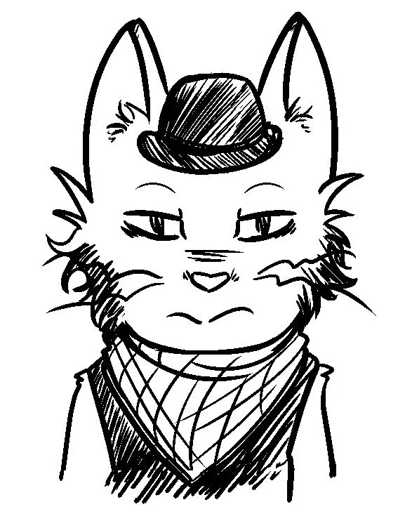 Drawing of a cat dressed as a gangster, wearing a fedora hat and bandana, with a serious expression.