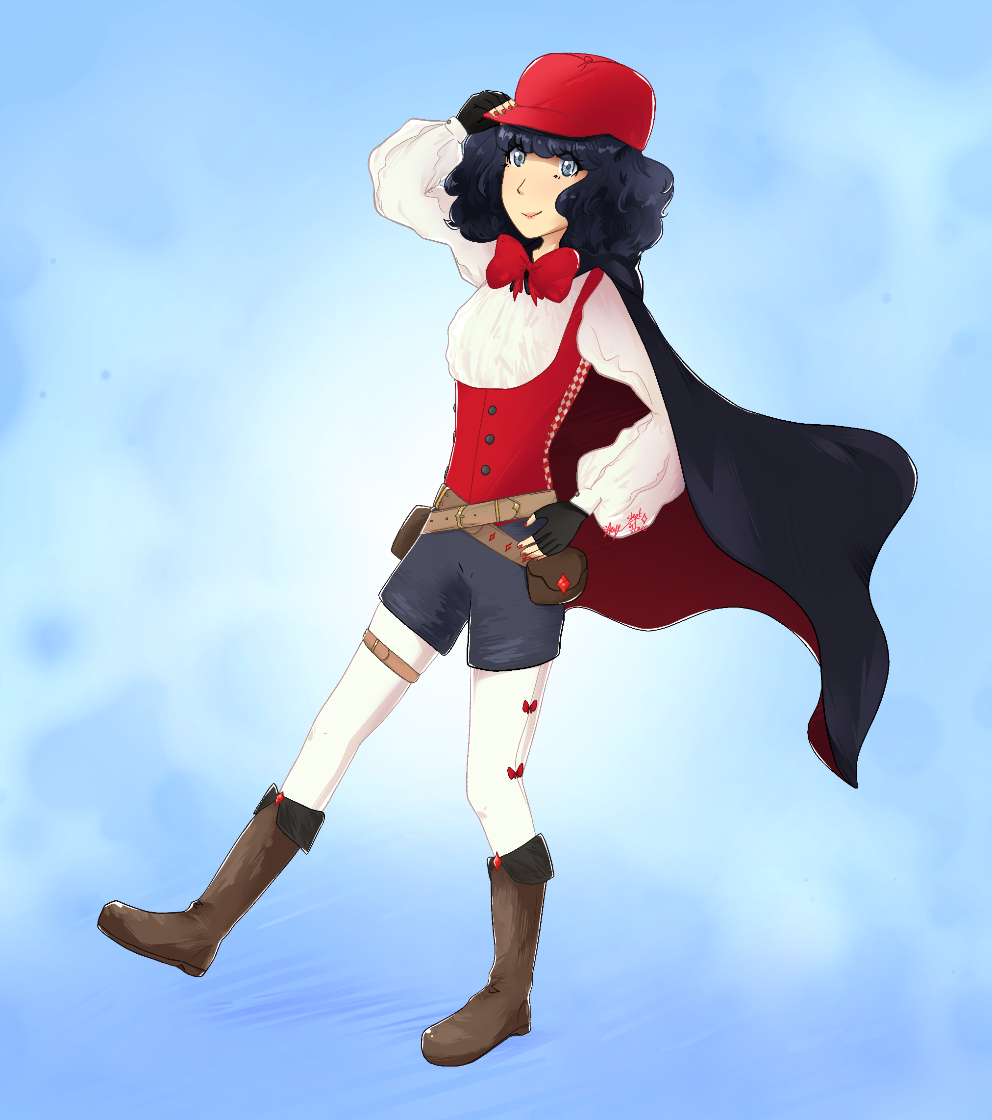 Anime-style girl with black curly hair, blue eyes, wearing a red hat, red vest, white blouse, black shorts, white tights with red bows, brown boots, and a black cape, standing against a blue background.