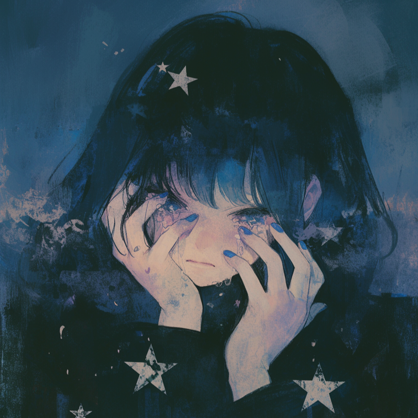 An illustration of a young girl with dark hair, holding her face with her hands, looking distressed. The background and her coat are decorated with star patterns.