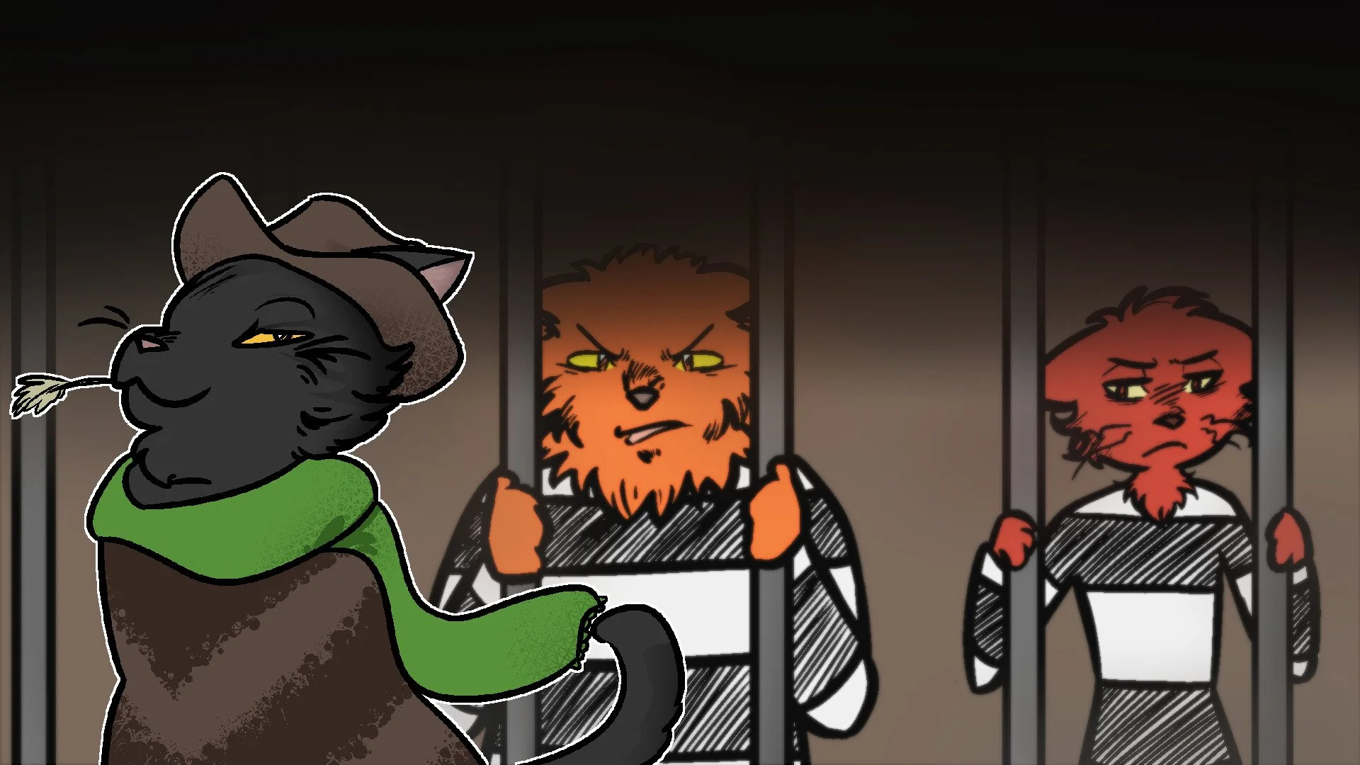 Anthropomorphic cats dressed as prisoners, with one cat in the foreground wearing a sheriff's hat and green scarf, standing outside a jail cell with two cats inside, one angry with orange fur and the other sad with reddish fur.