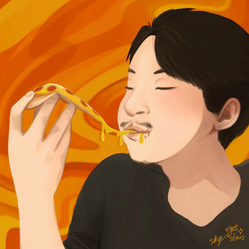 A man with dark hair and a beard is eating a slice of pepperoni pizza with melted cheese, set against an abstract orange background.