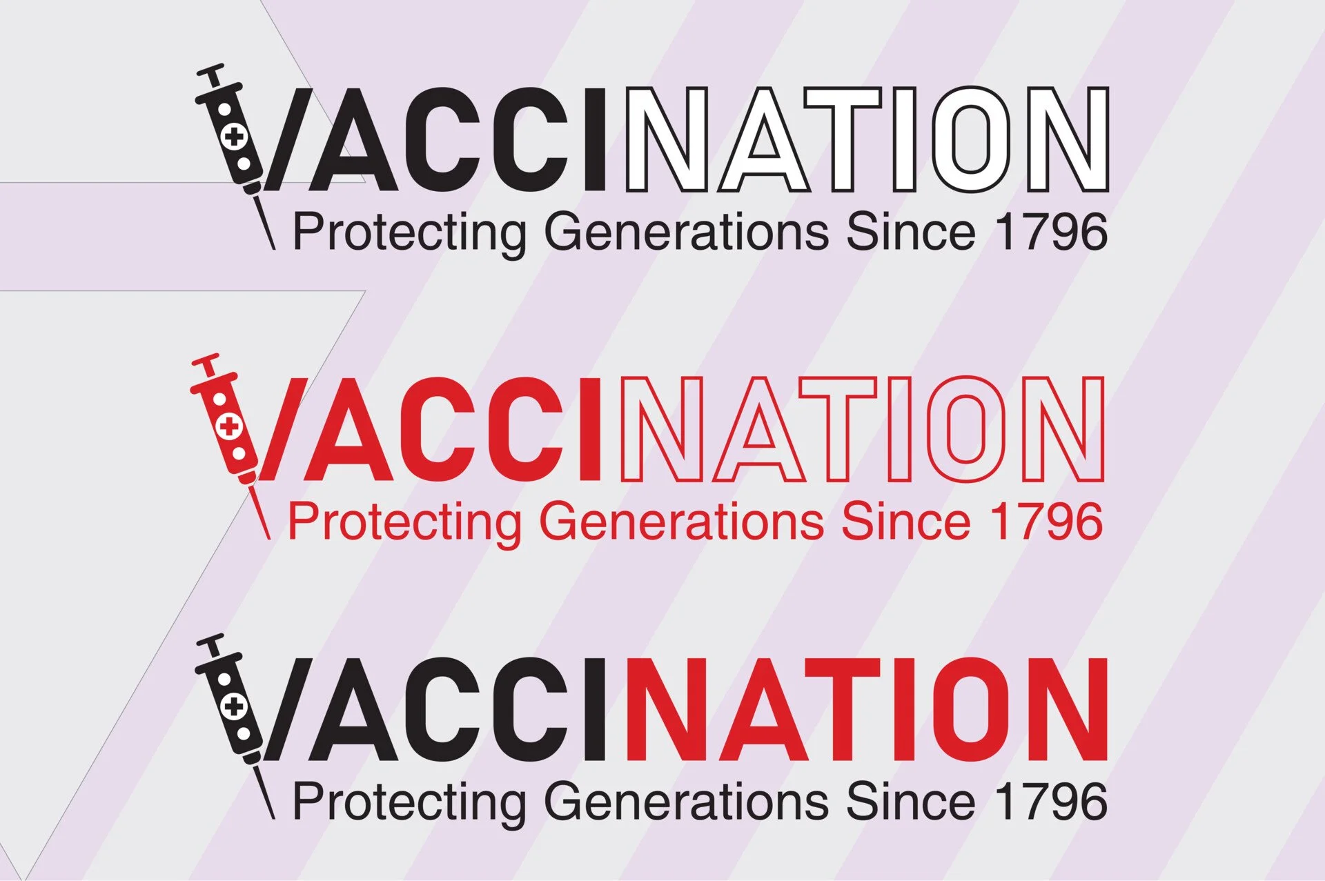 A graphic with the word 'VACCINATION' and a syringe icon. The top and bottom versions are in black, with the middle in red. Underneath, the text reads 'Protecting Generations Since 1796.'