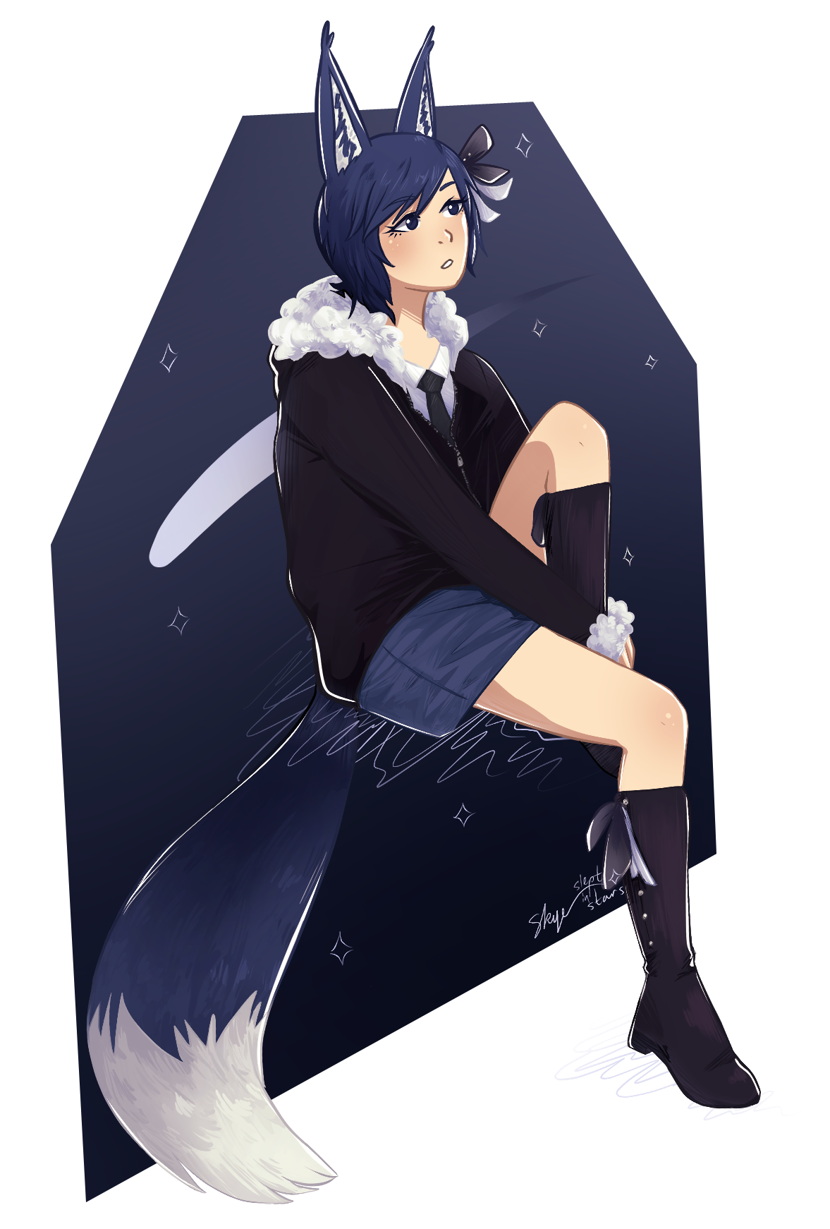 Digital illustration of an anthropomorphic fox girl with blue hair and fox ears, sitting against a dark starry background. She wears a black hoodie with white fur trim, a white shirt, denim shorts, and tall black boots. She has a contemplative expres