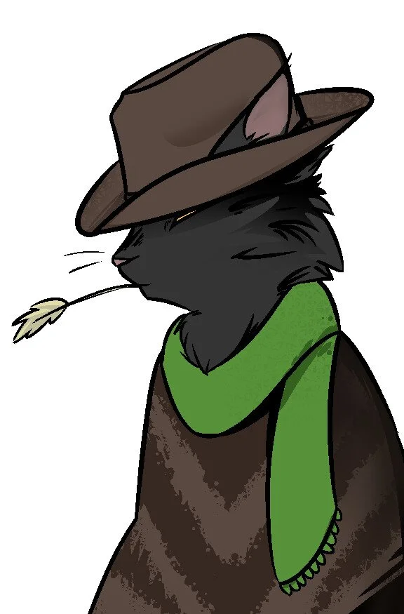 Illustration of a black cat wearing a wide-brimmed brown hat and a green scarf, with a wheat stalk in its mouth.