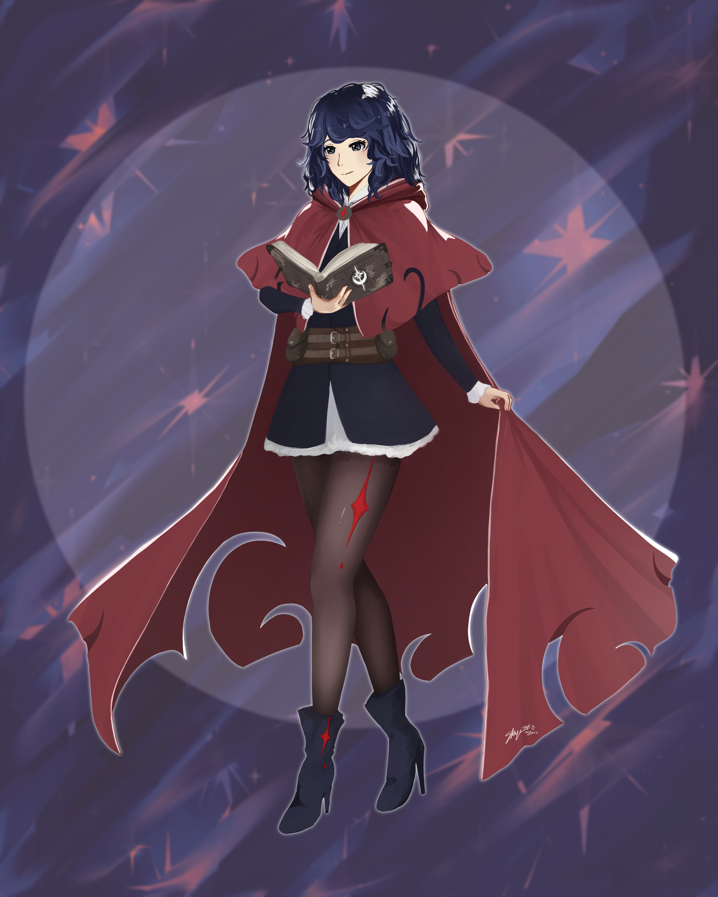 Anime-style girl with dark blue hair, dressed as a magical girl or sorceress, wearing a red cape, black stockings with red symbols, holding a book, surrounded by a starry, magicky background.