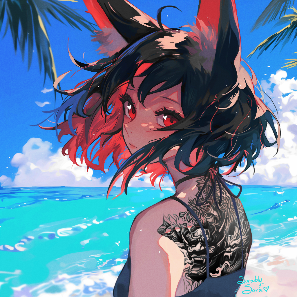 Anime-style illustration of a red-haired girl with fox ears and a large tattoo on her back, standing on a beach with palm trees in the background and the ocean behind her, under a partly cloudy sky.