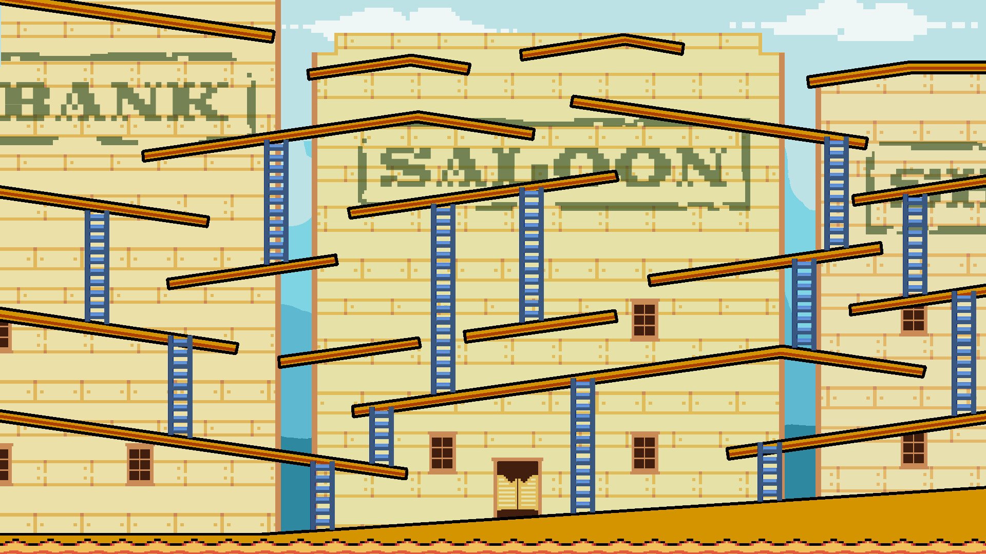 Pixel art depiction of a multi-story bank building with ladders and wooden planks, resembling a platform game environment.