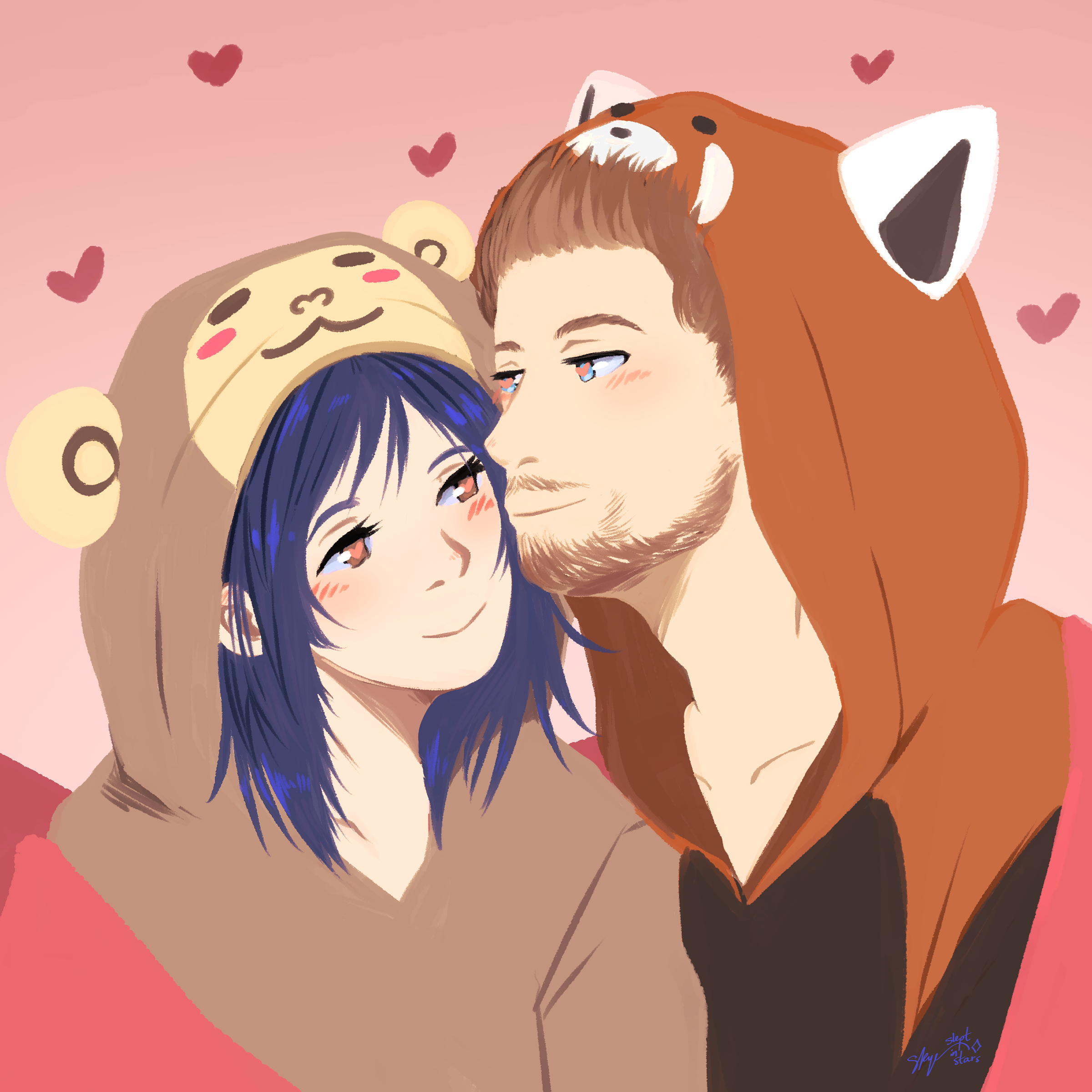 Digital illustration of a couple in animal-themed hoodies, with the woman wearing a monkey hoodie and the man wearing a red panda hoodie, leaning close together with smiles and a pink background with small hearts.
