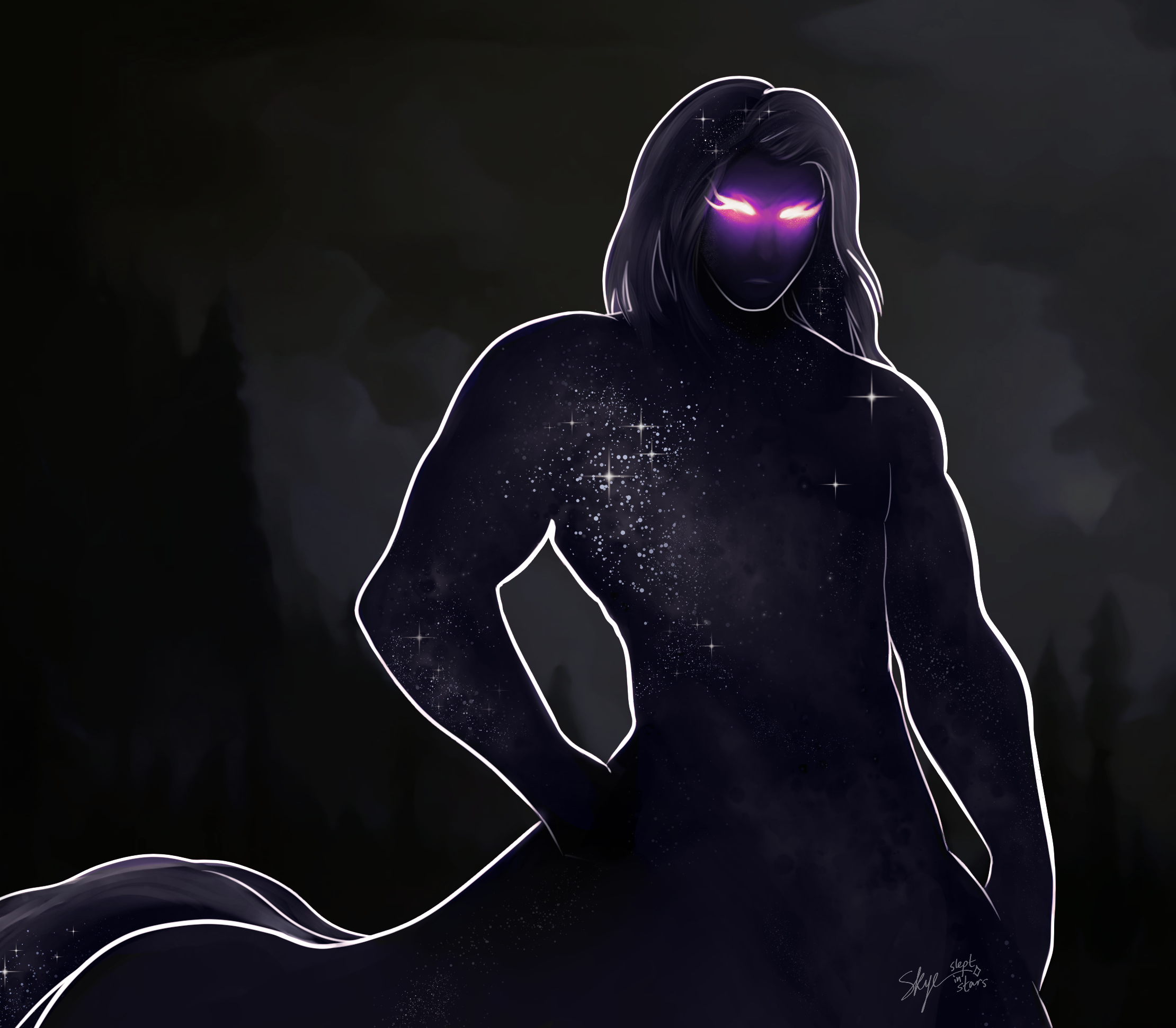 Digital art of a muscular woman with glowing purple eyes, glowing outline, and a body filled with stars and galaxy patterns, standing outdoors at night with a dark, cloudy sky.