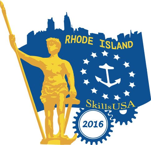 Logo for Rhode Island Skills USA 2016 featuring a gold statue of a boy holding a flagpole with a blue background, a gear with the year 2016, an anchor, and silhouettes of city buildings.