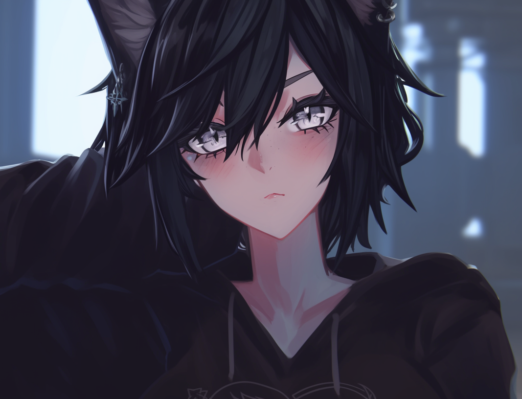 Anime-style girl with black hair, cat ears, gray eyes, and a solemn expression, wearing a dark hoodie, in a dimly lit background.
