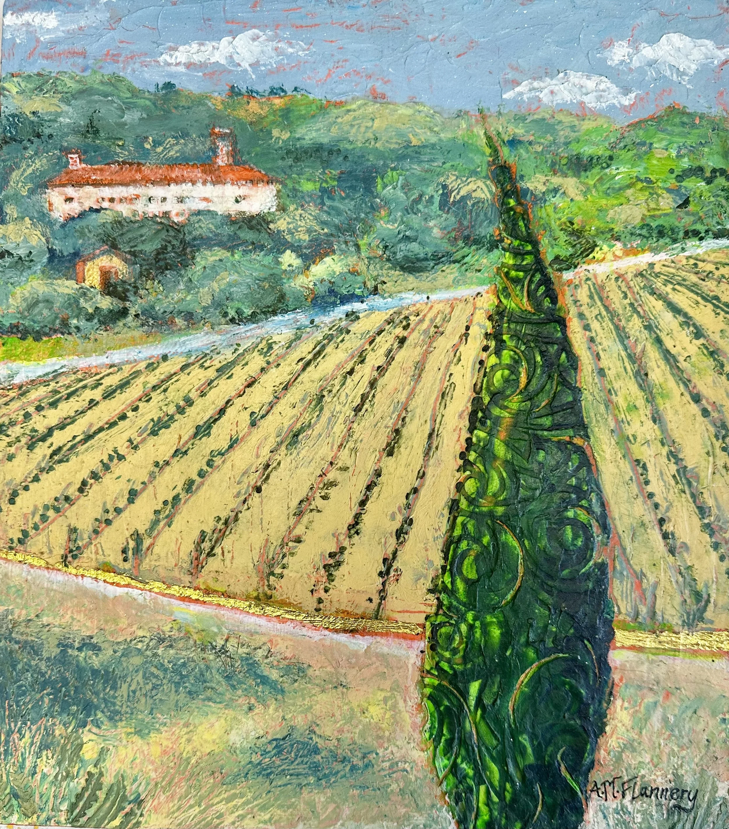 Belvedere Breakfast View #1  2026.
Trip to Italy in 2025 inspired this acrylic/oil paint and cold wax art work on a recycled board.