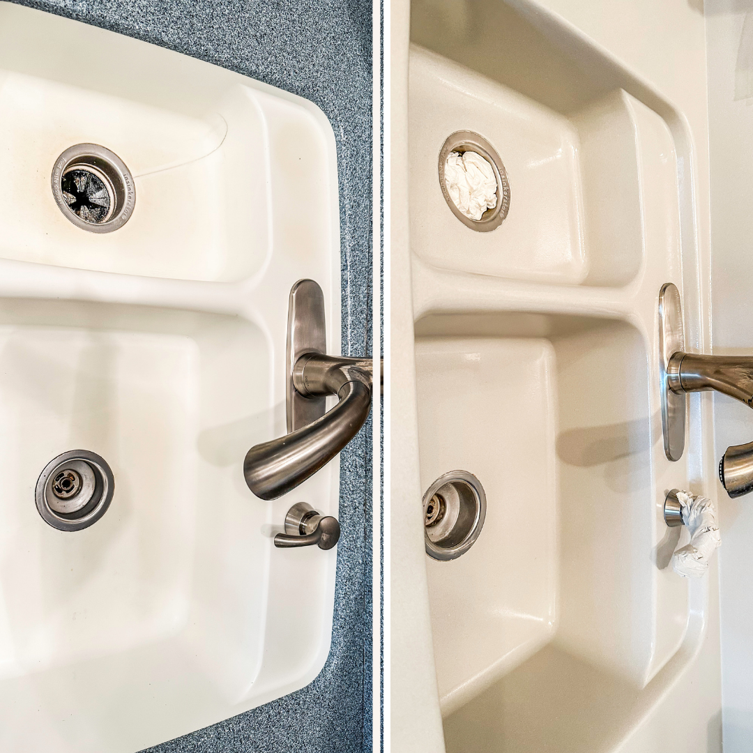 The sink, post-resurfacing, gleams spotlessly, with the previous blemishes completely eradicated.