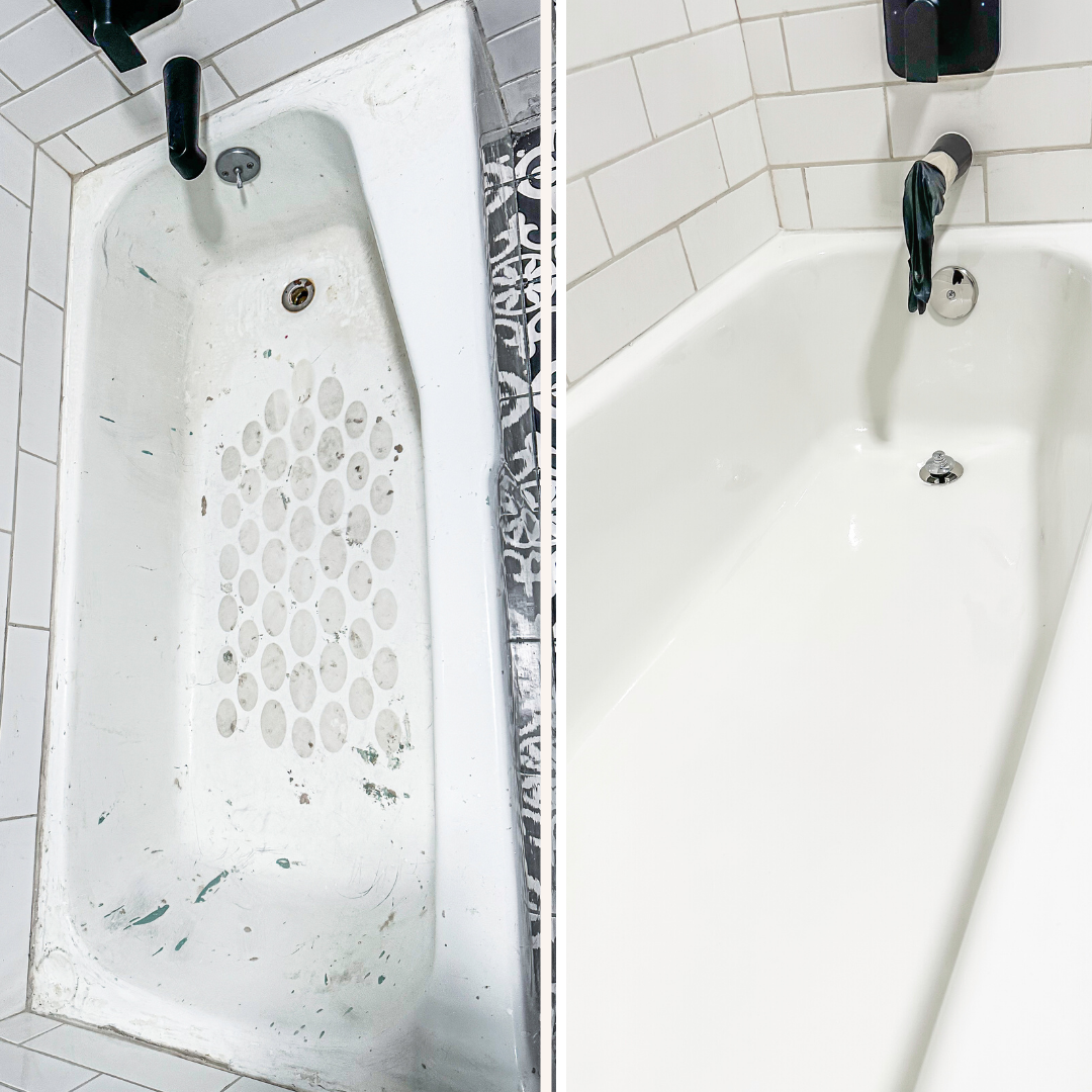  The resurfaced tub gleams with a renewed, pristine white finish, completely free from the previous signs of aging and wear.