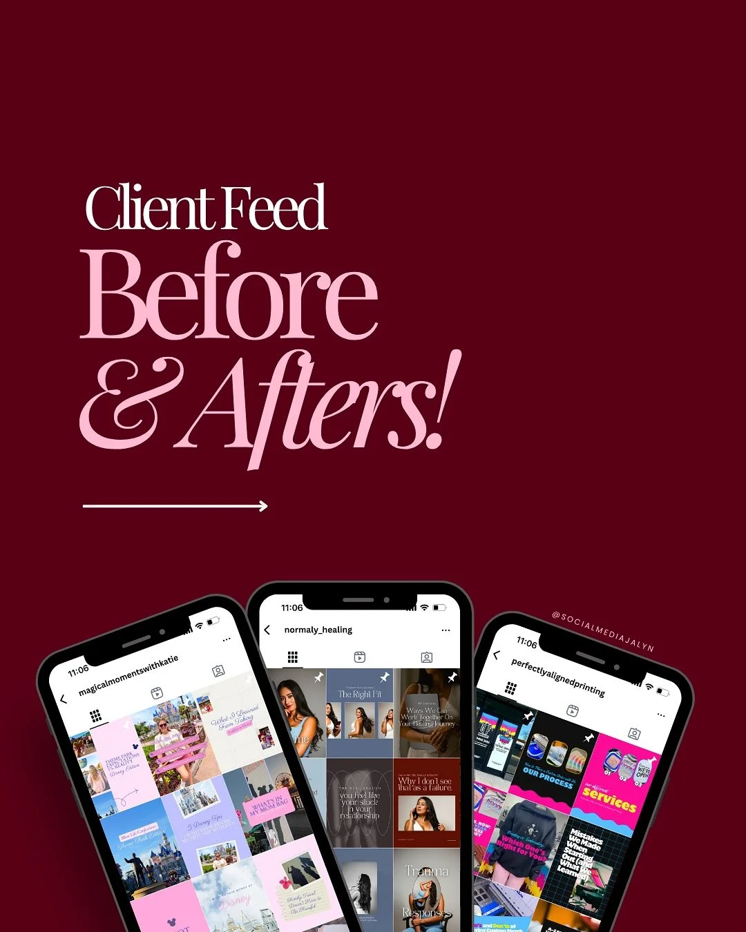 My favorite Instagram makeovers as of lately!! 💫

Client feed before &amp; afters 🫶📲
 From a hair studio to a fellow social media manager, to even a therapist, each feed you see here got a full refresh, templates, branding tweaks, and a strategy t