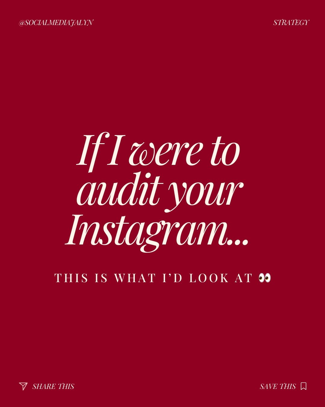 If I were to audit your Instagram&hellip; here&rsquo;s what I would look for 👀

Your Instagram Bio:
Make sure it answers who you are, what you do, where your located, and has a clear call-to-action. Plus, I&rsquo;d check for a link in your bio &amp;
